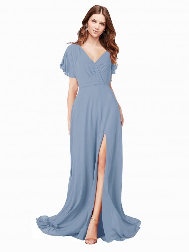 Affordable Chiffon Prom Dress with Flutter Sleeves and Front Slit Canada