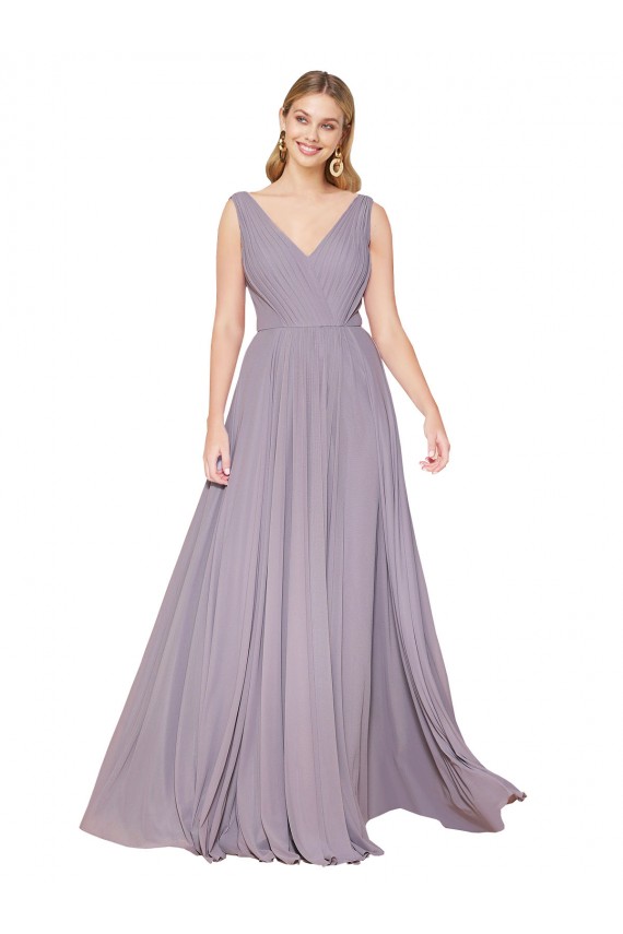 Affordable Draped Floor Length High Neck V-Back Chiffon Prom Dress with Shirred Bodice Canada