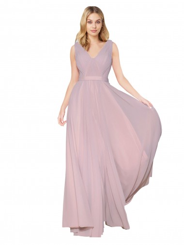 Affordable Draped V-Neck Long Chiffon Prom Dress with Shirred Bodice Canada