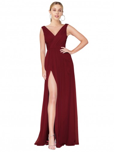 Affordable Draped Mermaid Long V-Neck Chiffon Prom Dress with High Slit Canada