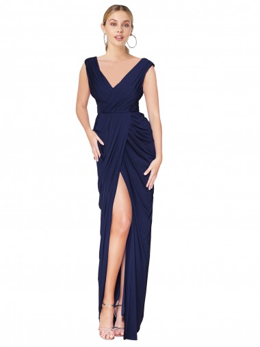 Affordable Draped V-Neck Long Chiffon Prom Dress with Front Slit Canada