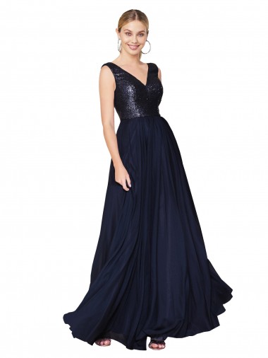 Affordable High Neck V-Neck Long Chiffon Prom Dress with Sequin Top Canada