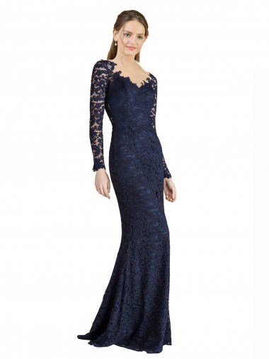 Affordable Illusion Long Sleeves Lace Prom Dress with Sheer Keyhole Back Canada