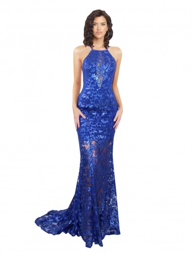 Affordable High Neck Long Open Back Lace Prom Dress with Train Canada