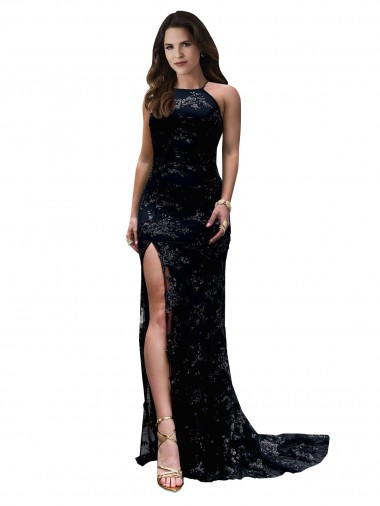 Affordable High Neckline Lace Open Back Prom Dress with High Slit Canada