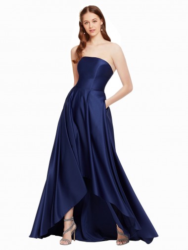 Affordable High Low Strapless Satin Prom Dress with Pockets Canada