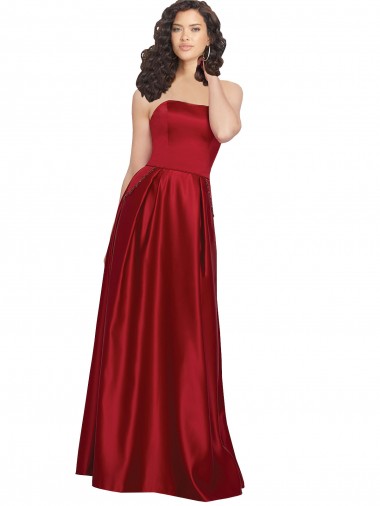 Affordable Strapless Satin Prom Dress with Beaded Pocket and Soft Pleating Canada