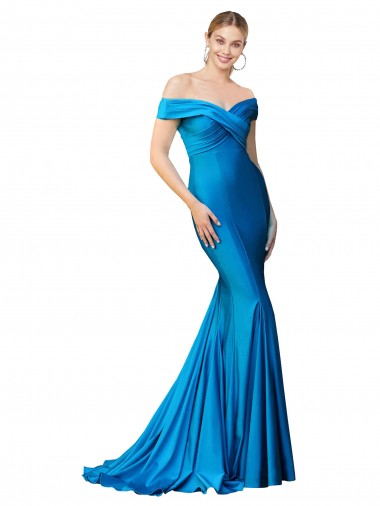 Affordable Off the Shoulder Long Chapel Train Satin Prom Dress Canada