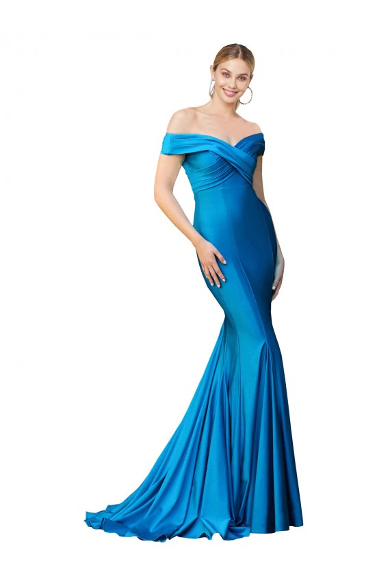 Affordable Off the Shoulder Long Chapel Train Satin Prom Dress Canada