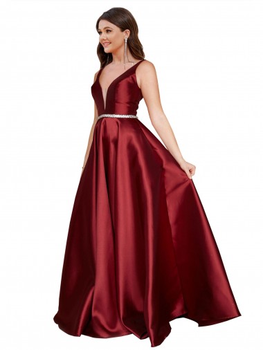 Affordable Sleeveless Deep V-Neck A-Line Satin Prom Dress with Pockets Canada