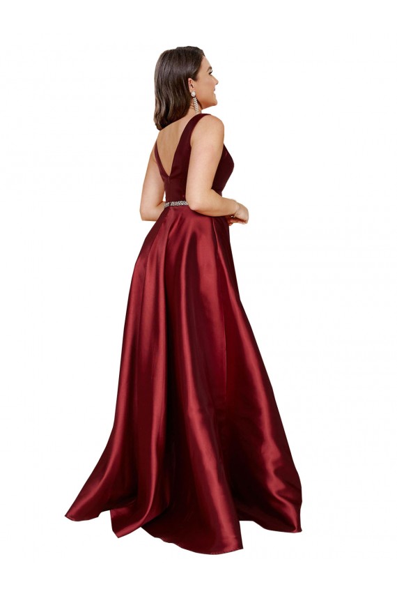 Affordable Sleeveless Deep V-Neck A-Line Satin Prom Dress with Pockets Canada