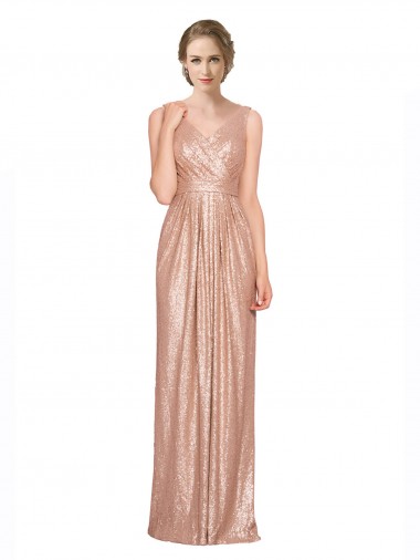 Affordable Draped V-Neck Striking Sheath Floor Length Sequin Prom Dress Canada