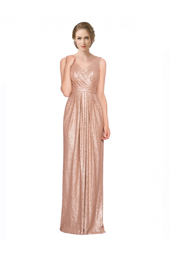 Affordable Draped V-Neck Striking Sheath Floor Length Sequin Prom Dress Canada