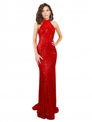 Affordable Halter High Neck Mermaid Open Back Sequin Prom Dress Canada