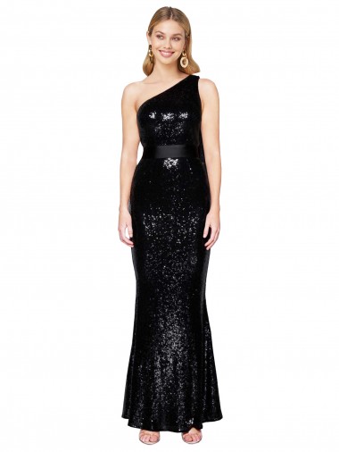 Affordable Draped One Shoulder Long Full Length Sequin Prom Dress Canada