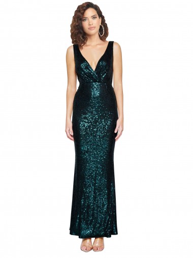 Affordable V-Neck Full Length Sequin Prom Dress with Draped Back Canada