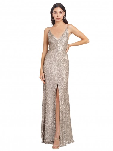 Affordable V-Neck Fully Sequin Prom Dress with V-Back and Front Slit Canada