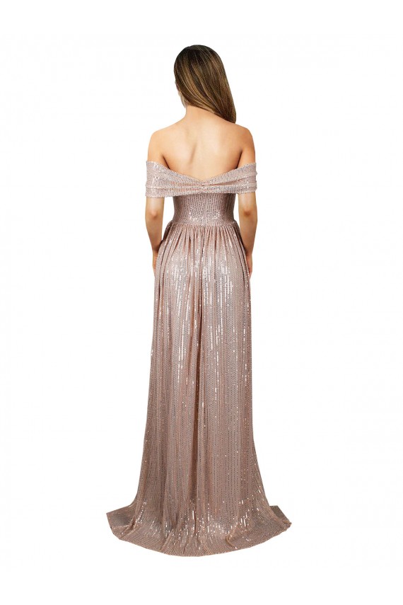 Affordable Strapless Scoop Neck Off the Shoulder Long Sequin Prom Dress with High Slit Canada