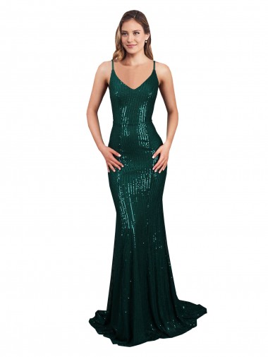 Affordable Fishtail Shaped V-Neck Open Back Long Sequin Prom Dress Canada