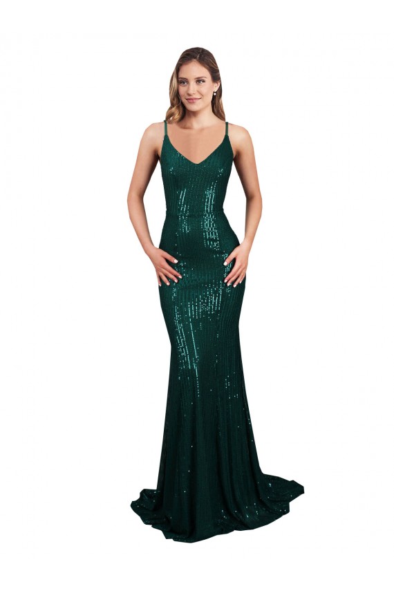 Affordable Fishtail Shaped V-Neck Open Back Long Sequin Prom Dress Canada