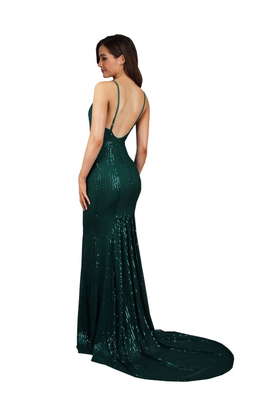 Affordable Fishtail Shaped V-Neck Open Back Long Sequin Prom Dress Canada