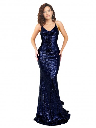 Affordable Mermaid V-Neck Low Back Long Sequin Prom Dress Canada