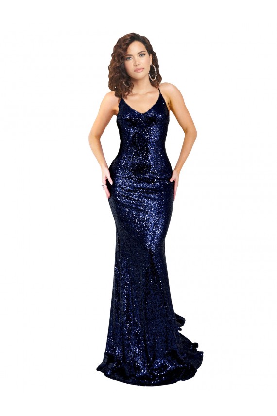 Affordable Mermaid V-Neck Low Back Long Sequin Prom Dress Canada