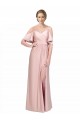 Affordable Draped Cold Shoulder Sleeves Long Silky Satin Prom Dress with Slit and Tie Back Canada