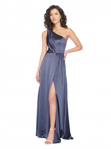 Affordable Draped Silky Satin Prom Dress with Tied Waist Canada