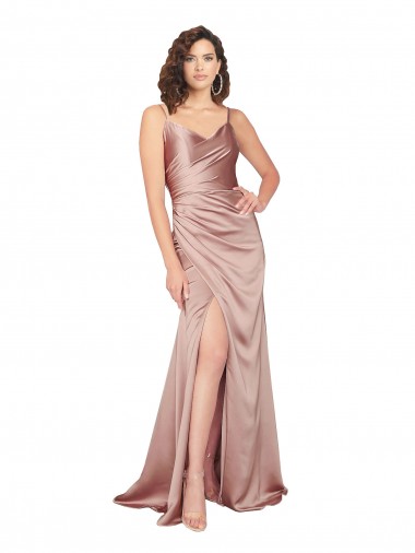 Affordable Floor Length Silky Satin Prom Dress with Front Skirt Slit Canada