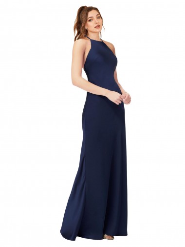 Affordable High Neck Satin Prom Dress with Strappy Back Canada