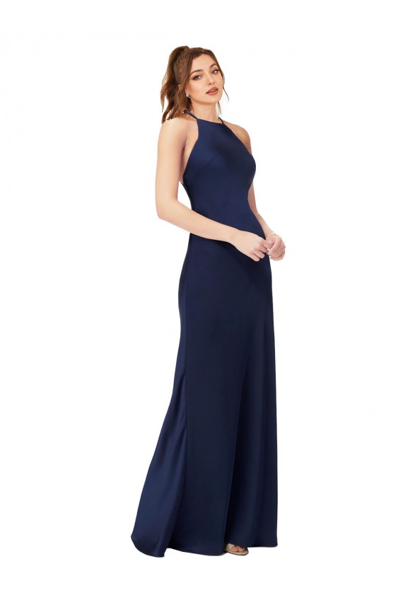 Affordable High Neck Satin Prom Dress with Strappy Back Canada