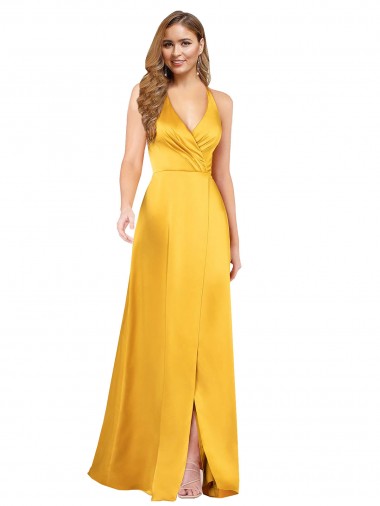 Affordable Halter A-Line Silky Satin Prom Dress with V-Neckline and Slit Canada