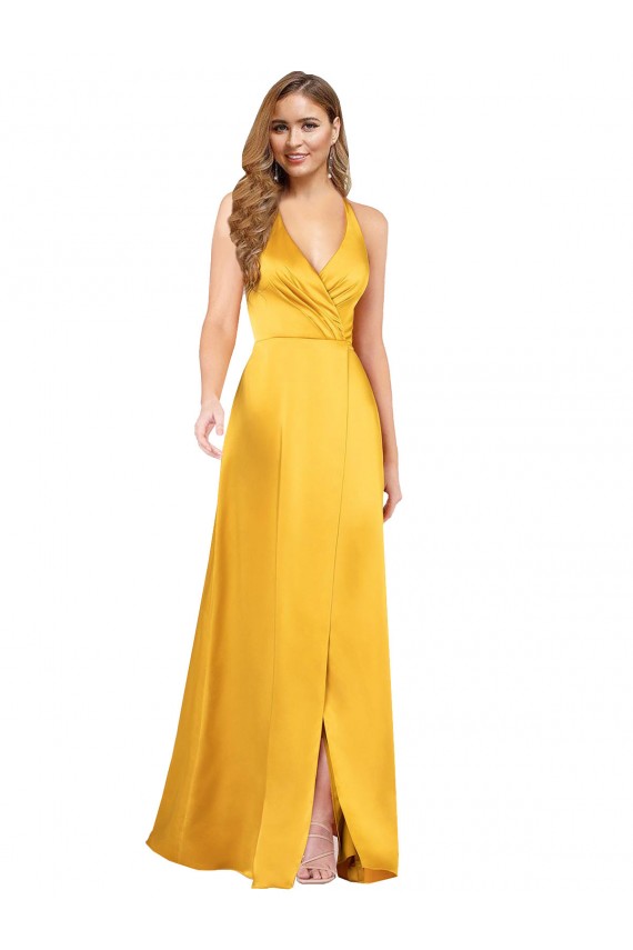 Affordable Halter A-Line Silky Satin Prom Dress with V-Neckline and Slit Canada