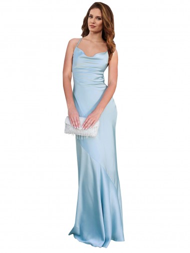 Affordable Open Back with Ties Cowl Neck Sheath Silky Satin Long Bridessmaid Dress Canada