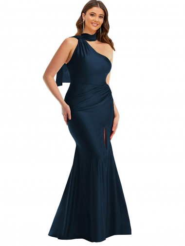 Affordable Scarf Neck One Shoulder Silky Satin Mermaid Prom Dress with Front Slit Canada