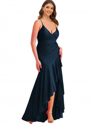 Affordable Pleated Wrap Ruffled High Low Silky Satin Prom Dress Canada