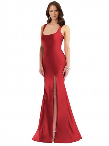 Affordable Square Neck Silky Satin Mermaid Prom Dress with Side Slit Canada