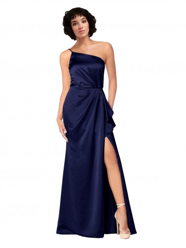 Affordable One Shoulder Silky Satin Prom Dress with Skirt Slit Canada