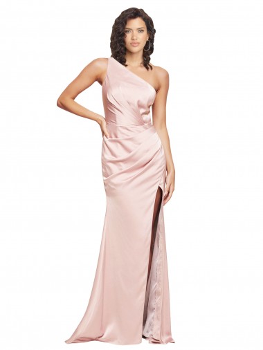 Affordable Full Length Ruched Silky Satin Prom Dress with Low Back and High Split Canada