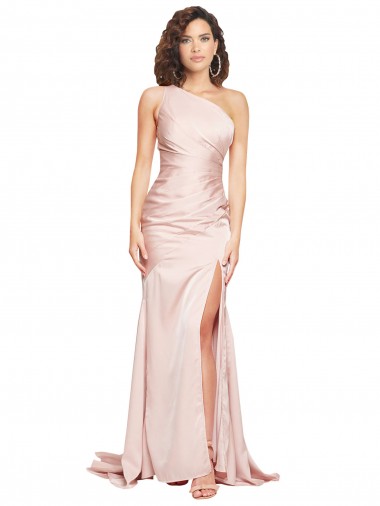 Affordable Full Length One Shoulder Long Silky Satin Prom Dress with High Split Canada