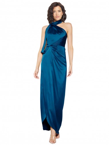 Affordable High Halter Neck Silky Satin Prom Dress with Sash Overlay and Side Split Canada