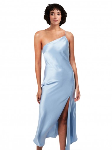 Affordable Midi Length Short Silky Satin Cocktail Prom Dress / Homecoming Dress with Asymmetric Neckline and High Side Split Canada