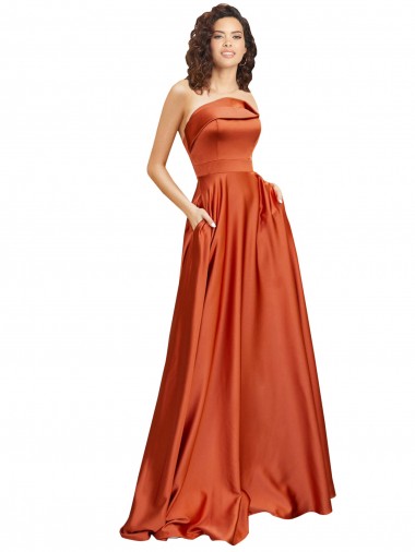 Affordable Strapless Sweep Train Silky Satin Prom Dress with Pleats Canada