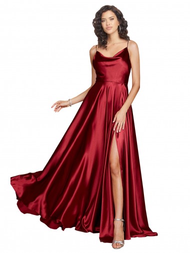 Affordable Cowl Neckline Long Silky Satin Prom Dress with Spaghetti Straps Canada