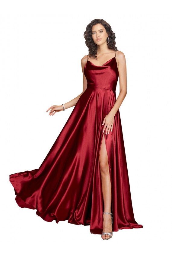 Affordable Cowl Neckline Long Silky Satin Prom Dress with Spaghetti Straps Canada