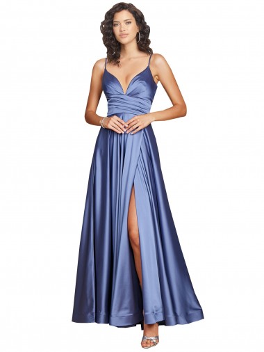 Affordable Deep V-Neck Sweetheart Long Silky Satin Prom Dress with Thigh High Slit Canada