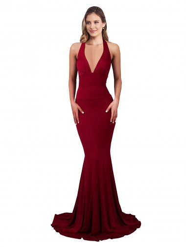 Affordable Halter Mermaid Plunge V-Neckline Open Back Bow Tie Spandex Prom Dress Canada