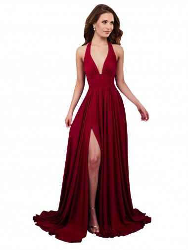 Affordable A-Line Halter Plunge V-Neckline Open Back Spandex Prom Dress with Slit Canada