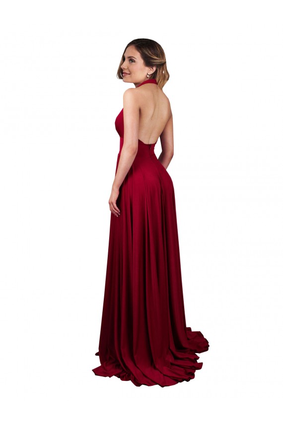 Affordable A-Line Halter Plunge V-Neckline Open Back Spandex Prom Dress with Slit Canada